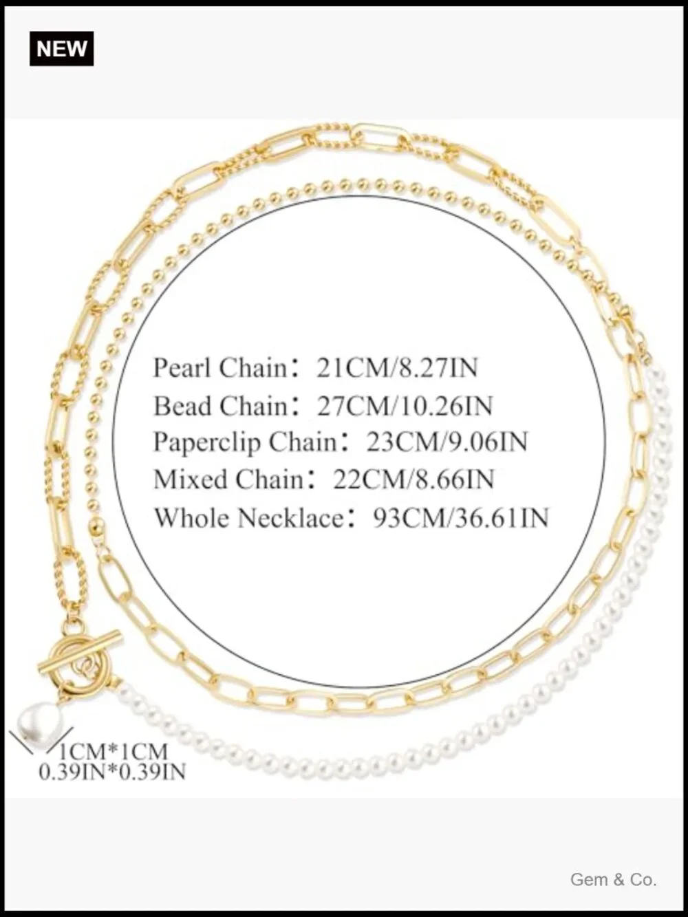 Layered Pearl Chain Necklace with Toggle Clasp, 14K Gold Plated, Trendy Dainty